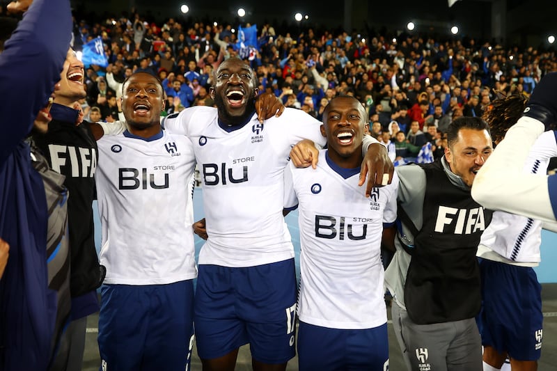 Moussa Marega of Al Hilal celebrates with teammates after victory in the Club World Cup semi-final against Flamengo. Getty