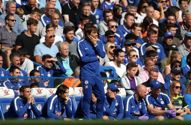 Chelsea manager Antonio Conte looks on from his technical area during the Premier League match at Stamford Bridge, London. PRESS ASSOCIATION Photo. Picture date: Saturday August 12, 2017. See PA story SOCCER Chelsea. Photo credit should read: John Walton/PA Wire. RESTRICTIONS: EDITORIAL USE ONLY No use with unauthorised audio, video, data, fixture lists, club/league logos or "live" services. Online in-match use limited to 75 images, no video emulation. No use in betting, games or single club/league/player publications.