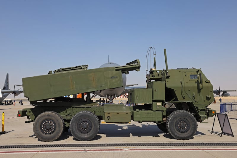 A Himars rocket launcher displayed at the 2021 Dubai Airshow. AFP