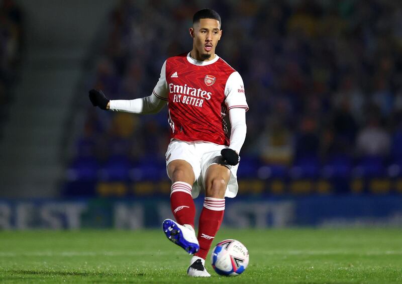 WIMBLEDON, ENGLAND - DECEMBER 08: William Saliba of Arsenal in action during the Papa John's Trophy Second Round match between AFC Wimbledon and Arsenal U21 at Plough Lane on December 08, 2020 in Wimbledon, England. (Photo by James Chance/Getty Images)