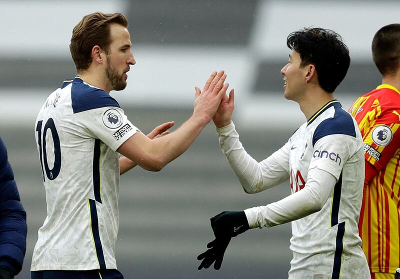 Tottenham Hotspur's Harry Kane (left) and Son Heung-min after the Premier League match at the Tottenham Hotspur Stadium, London. Picture date: Sunday February 7, 2021. PA Photo. See PA story SOCCER Tottenham. Photo credit should read: Matt Dunham/PA Wire. 

RESTRICTIONS: EDITORIAL USE ONLY No use with unauthorised audio, video, data, fixture lists, club/league logos or "live" services. Online in-match use limited to 120 images, no video emulation. No use in betting, games or single club/league/player publications.