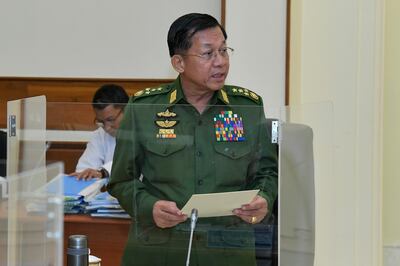 Min Aung Hlaing talks during the National Defence and Security Council meeting in Naypyitaw, Myanmar, last month. AP Photo