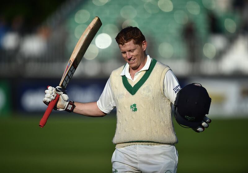 MALAHIDE, IRELAND - MAY 14: Kevin O'Brien of Ireland celebrates scoring a test century during the fourth day of the international test cricket match between Ireland and Pakistan on May 14, 2018 in Malahide, Ireland. (Photo by Charles McQuillan/Getty Images)