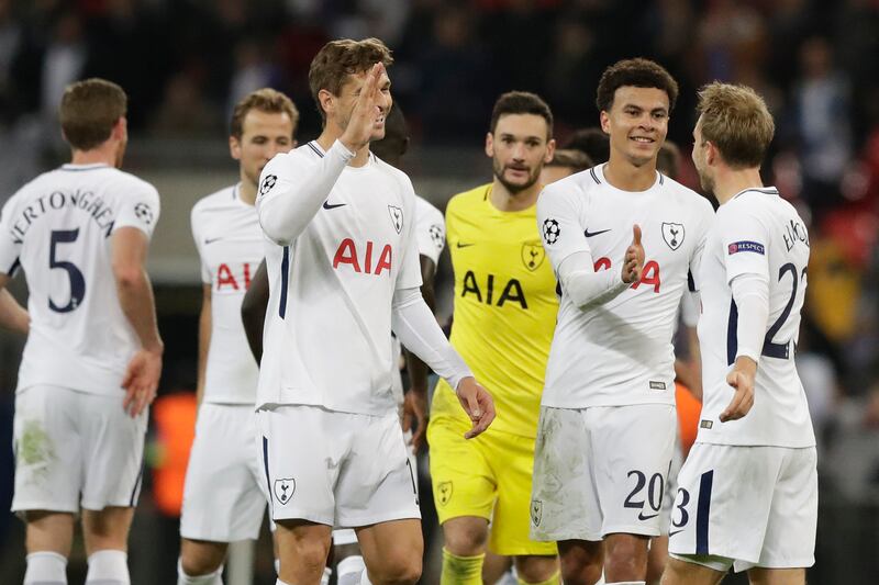 Tottenham players celebrate their 3-1 win after a Champions League Group H soccer match between Tottenham Hotspurs and Real Madrid at the Wembley stadium in London, Wednesday, Nov. 1, 2017. (AP Photo/Matt Dunham)