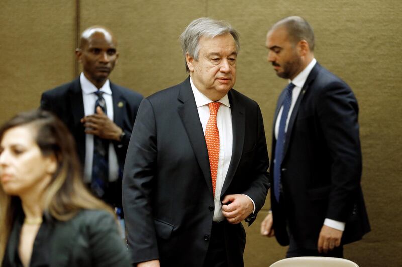 United Nations Secretary-General Antonio Guterres arrives for the High-Level Pledging Event for the Humanitarian Crisis in Yemen, in Geneva, Switzerland, April 3, 2018. REUTERS/Pierre Albouy