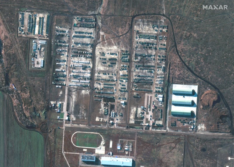 A satellite image of a Russian troop location in Soloti, Russia, provided by Maxar Technologies and taken on December  5, 2021. AP