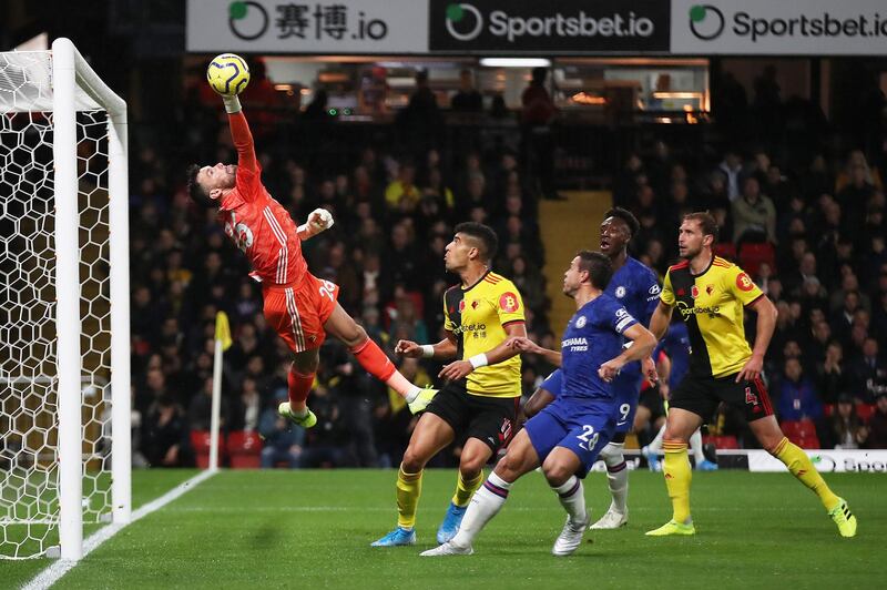 WATFORD, ENGLAND - NOVEMBER 02: Ben Foster of Watford dives to make a save during the Premier League match between Watford FC and Chelsea FC at Vicarage Road on November 02, 2019 in Watford, United Kingdom. (Photo by Christopher Lee/Getty Images)