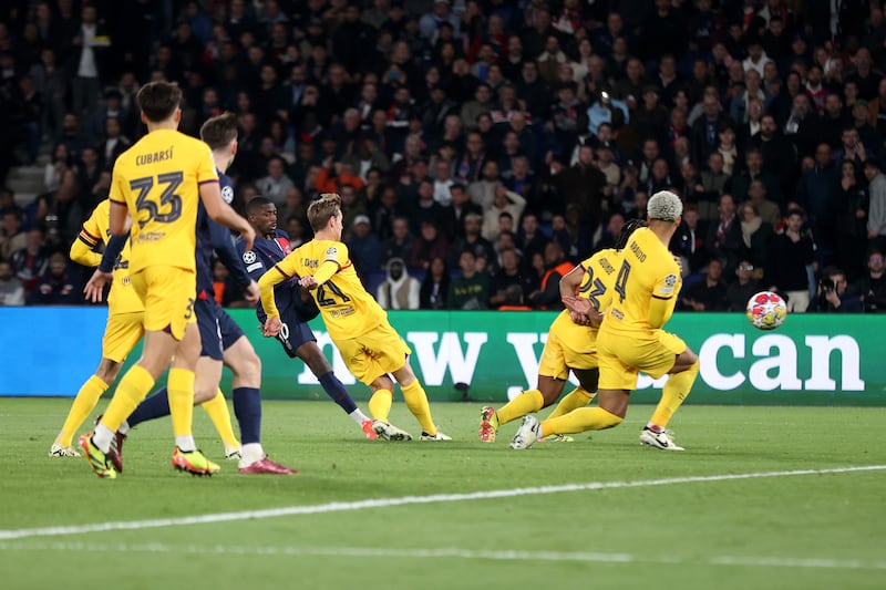 Ousmane Dembele scores PSG's first goal to equalise against Barcelona. Getty Images