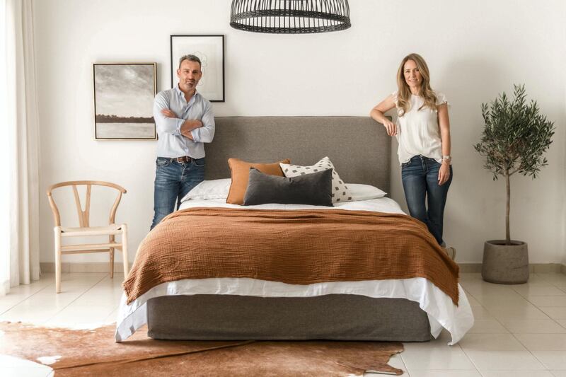 Online bed retailer helmii, founded by Simon Moore (pictured left), collaborated with Dubai boutique design studio House of Hawkes, led by Kathryn Hawkes (right), on a removable bed frame. Courtesy helmii