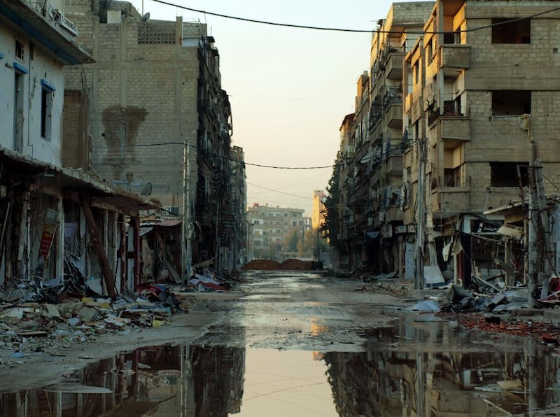 A photograph released by the Syrian opposition’s Shaam News Network shows the ruined Damascus suburb of Daraya on December 27, 2012. In Syria’s civil war the lack of impartial news sources has made the accurate reporting of events very difficult. The Shaam News Network / HO / AFP.