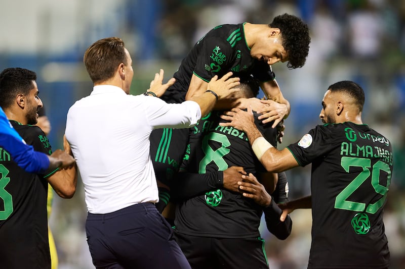 Sumayhan Al Nabit celebrates with teammates after scoring Al Ahli's third goal against Al Khaleej at Prince Mohamed bin Fahd Stadium on August 17, 2023, in Dammam, Saudi Arabia. Getty