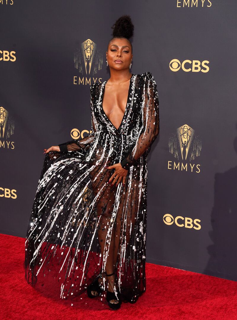 Taraji P. Henson in a black and white sequin embroidered tulle look by Elie Saab. AP