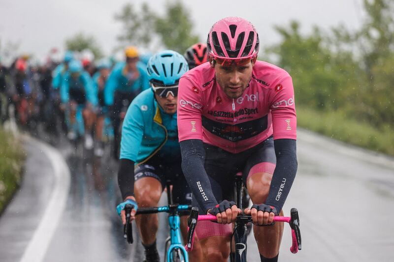 Team Ineos rider Filippo Ganna in the race leader's pink jersey. AFP