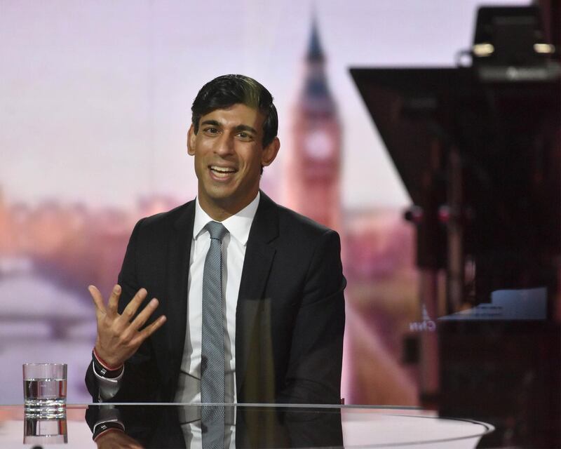 Britain's Chancellor of the Exchequer Rishi Sunak speaks during BBC TV's The Andrew Marr Show in London, Britain November 22, 2020. Picture taken through glass. Jeff Overs/BBC/Handout via REUTERS  THIS IMAGE HAS BEEN SUPPLIED BY A THIRD PARTY. NO RESALES. NO ARCHIVES. NO NEW USES 21 DAYS AFTER ISSUE