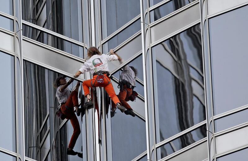 The ‘French Spiderman’ climbs up Burj Khalifa, the world’s tallest tower in Dubai on March 28, 2011. Kamran Jebreili / AP Photo