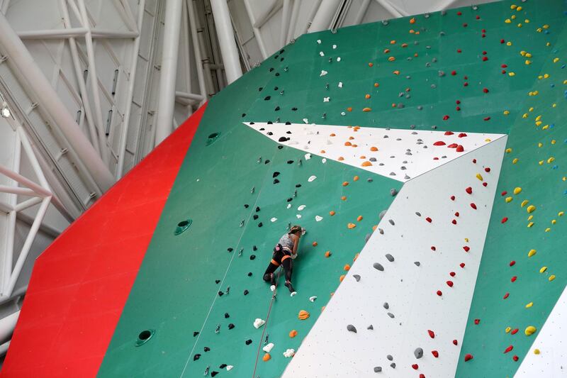 Abu Dhabi, United Arab Emirates - November 28th, 2019: Climber Sasha DiGiulian. Athletes and famous skydivers as well as climbers will be the first who experience the world's biggest indoor skydiving flight chamber and the world's tallest indoor climbing wall on the opening ceremony of the ultimate indoor adventure venue, Clymb. Thursday, November 28th, 2019. Yas Mall, Abu Dhabi. Chris Whiteoak / The National