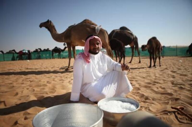United Arab Emirates - Madinat Zayed - December 13th, 2010:  Fresh camel milk is kept in a large bowl for people to enjoy at a milking competition at the Camel Festival in Madinat Zayed.  (Galen Clarke/The National)