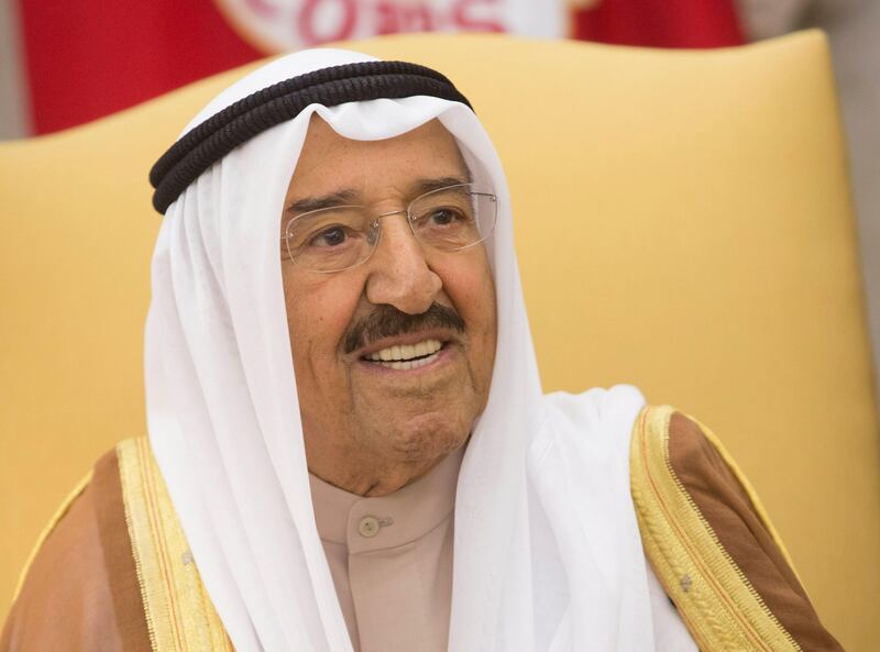 epa06190810 Amir Sabah al-Ahmed al-Jaber al-Sabah of Kuwait speaks to the media during a meeting with U.S. President Donald Trump (out of frame) in the Oval Office of The White House in Washington, DC, USA, 07 September 2017.  EPA/Chris Kleponis / POOL