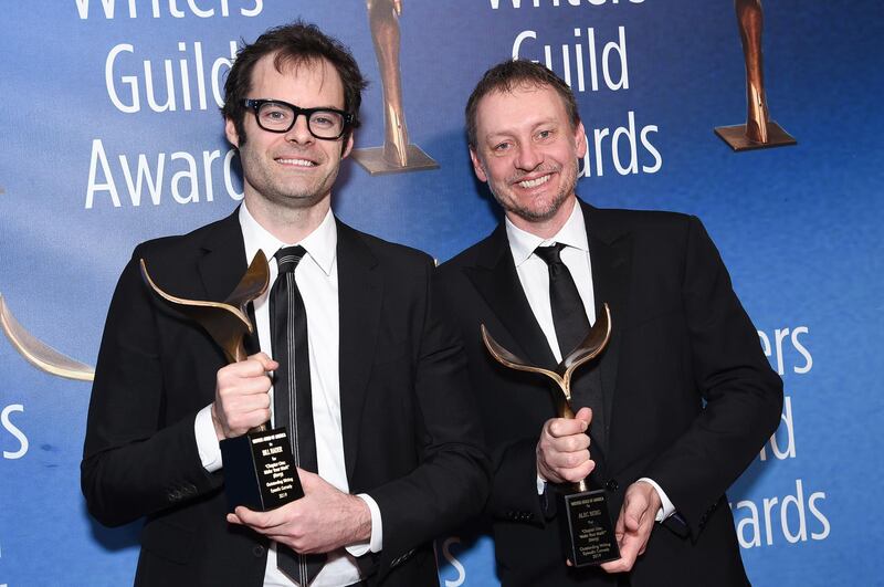 Bill Hader, left, and Alec Berg appear win the New Series award for 'Barry' in LA. AP