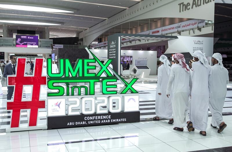 Abu Dhabi, United Arab Emirates, February 24, 2020.  The Unmanned Systems Exhibition and Conference (UMEX 2020) and Simulation Exhibition and Conference (SimTEX 2020).
--  Visitors arrive at the UMEX and SimTex 2020 convention. 
Victor Besa / The National
Section:  NA
Reporter:  None