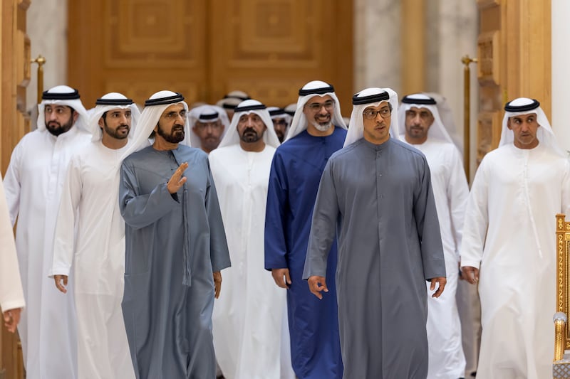 Sheikh Mohammed bin Rashid walks with Sheikh Mansour bin Zayed, Vice President, Deputy Prime Minister and Chairman of the Presidential Court, and Sheikh Khaled