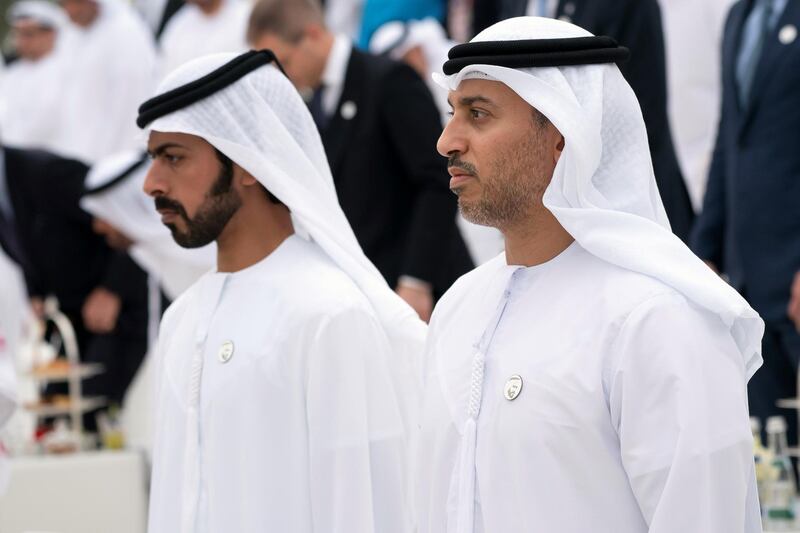 ABU DHABI, UNITED ARAB EMIRATES - March 23, 2019: HE Dr Ahmed Abdullah Humaid Belhoul Al Falasi, UAE Minister of State for Higher Education (R) and HH Sheikh Khalifa bin Tahnoon bin Mohamed Al Nahyan, Director of the Martyrs' Families' Affairs Office of the Abu Dhabi Crown Prince Court (L), stand for the national anthem prior to an equestrian performance by the Spanish Riding School of Vienna, at Emirates Palace.

( Ryan Carter / Ministry of Presidential Affairs )
---