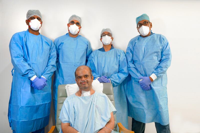 Dr Sanath Kumar with some of the doctors who saved his life at Aster CMI Hospital in Bangalore. Photo: Aster DM Healthcare