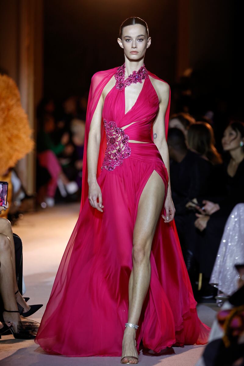 An evening gown in rich cerise at Zuhair Murad. Getty Images