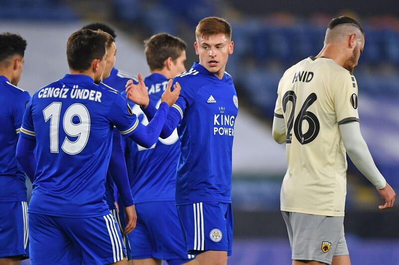 Leicester City's Harvey Barnes celebrates with teammates after scoring. AFP