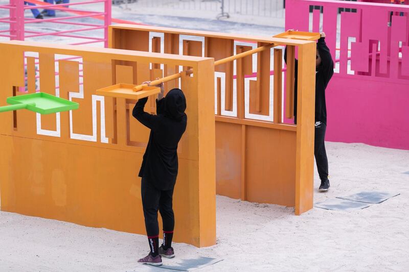 DUBAI, UNITED ARAB EMIRATES - April 1 2019.

The Weakest Link obstacle at the Gov Games site on Kite Beach.

 (Photo by Reem Mohammed/The National)

Reporter: 
Section:  NA