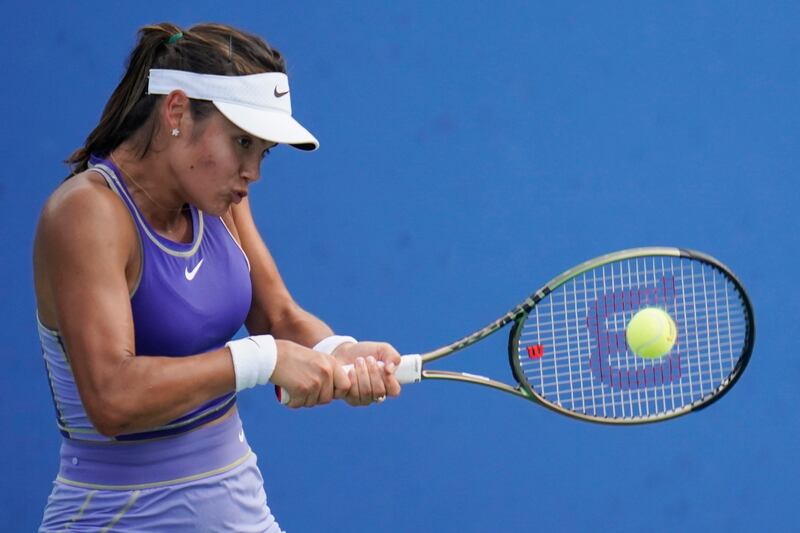 Emma Raducanu, of Britain, returns during a match against Camila Osorio, of Colombia, at the Citi Open tennis tournament in Washington. AP Photo