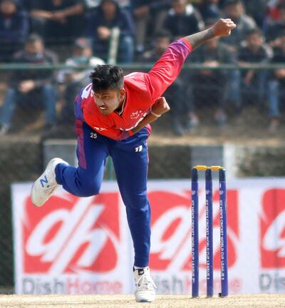 Sandeep Lamichhane of Nepal bowls during the ICC Cricket World Cup League 2 match between Oman and Nepal at TU Cricket Stadium on 9 Feb 2020 in Nepal