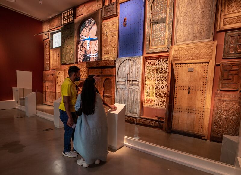 Classic intricately carved wooden doors on displayat the Morocco Pavilion in Expo 2020 Dubai. Victor Besa/The National.