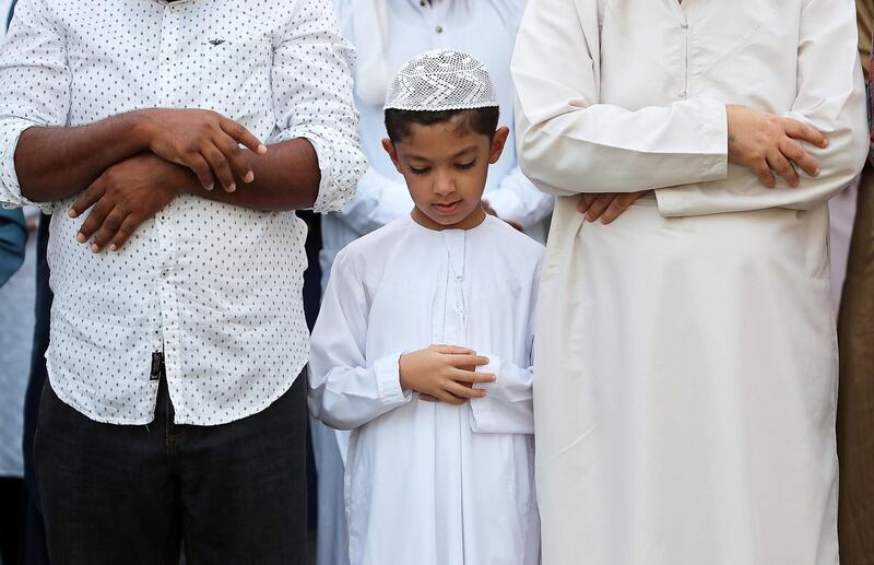 DUBAI, UNITED ARAB EMIRATES, August 21 – 2018 :- Ahmed Alrabie during the Eid Al Adha prayers at the Jumeirah Mosque in Dubai. ( Pawan Singh / The National )  For News. Story by Nawal