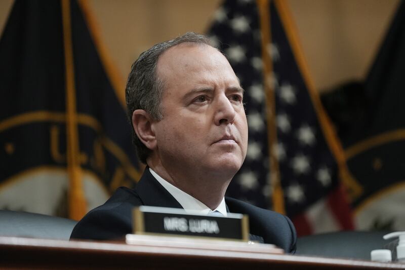 Democrat Adam Schiff of California listens as Ms Hutchinson gives evidence. EPA