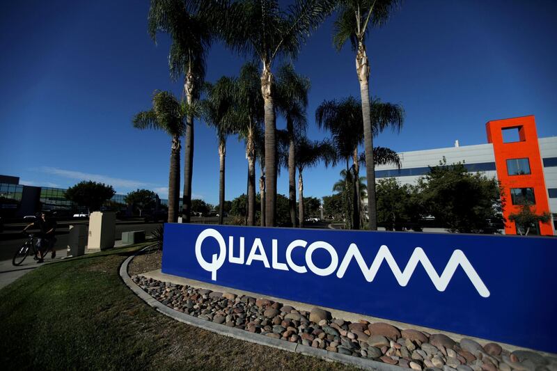 FILE PHOTO: A sign on the Qualcomm campus is seen in San Diego, California, U.S., November 6, 2017. REUTERS/Mike Blake/File Photo