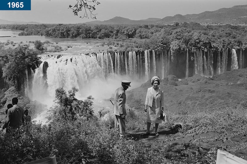 1965: At the Tissisal Falls, where the Blue Nile begins, with Emperor Haile Selassie during a royal visit to Ethiopia.
