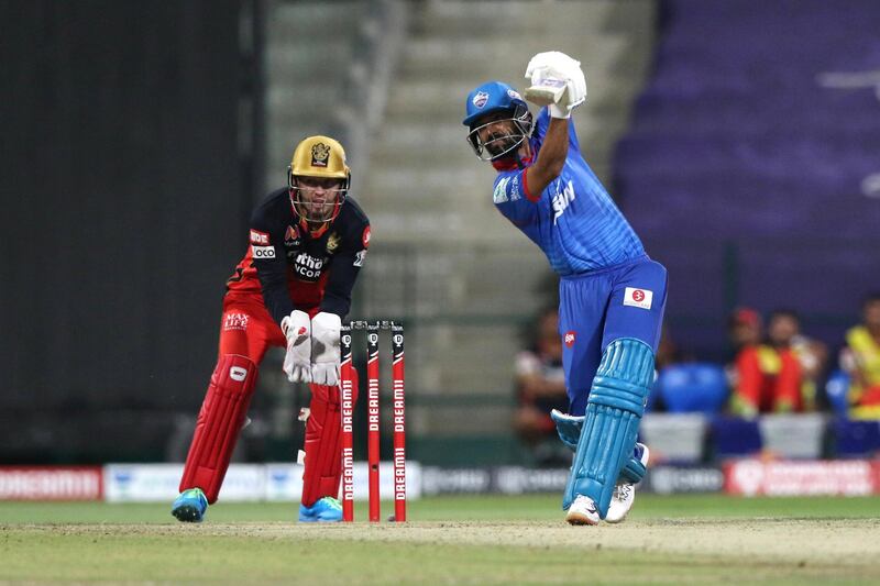 Ajinkya Rahane of Delhi Capitals plays a shot during match 55 of season 13 of the Dream 11 Indian Premier League (IPL) between the Delhi Capitals and the Royal Challengers Bangalore at the Sheikh Zayed Stadium, Abu Dhabi  in the United Arab Emirates on the 2nd November 2020.  Photo by: Pankaj Nangia  / Sportzpics for BCCI
