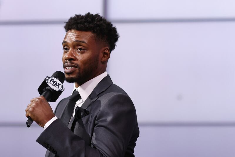 Errol Spence Jr speaks during a press conference with Manny Pacquiao. The WBC and IBF welterweight champion Spence has had to withdraw from their August 21 fight at the T-Mobile Arena in Las Vegas on Saturday, August 21 through injury.