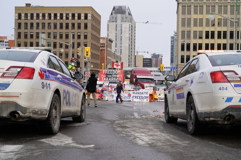 Police cruisers block an intersection in central Ottawa. Willy Lowry / The National