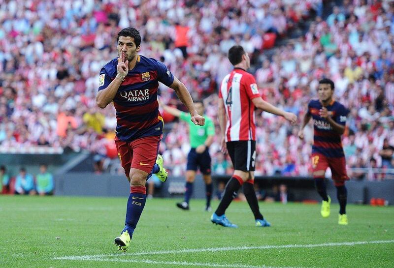 Luis Suarez of Barcelona celebrates after scoring against Athletic Bilbao in their Primera Liga match at San Mames Stadium on August 23, 2015 in Bilbao, Spain. (Photo by Denis Doyle/Getty Images)



