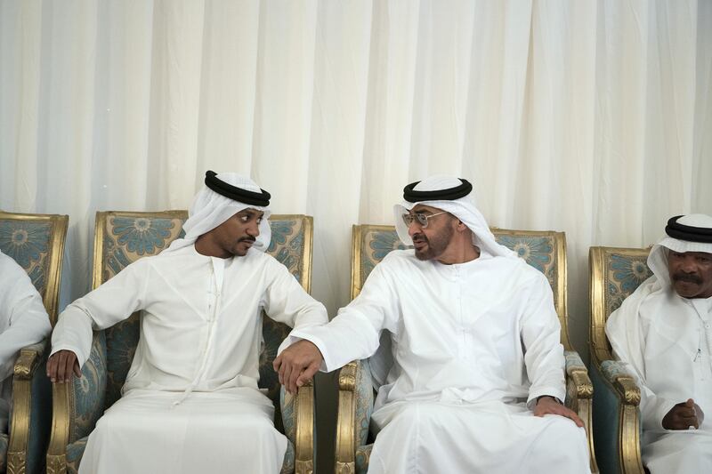 KALBA, SHARJAH, UNITED ARAB EMIRATES - September 14, 2017: HH Sheikh Mohamed bin Zayed Al Nahyan Crown Prince of Abu Dhabi Deputy Supreme Commander of the UAE Armed Forces (2nd R) offers condolences to the family of martyr Nasser Al Mazrouei, who passed away while serving with the UAE Armed Forces in Yemen.
( Mohamed Al Hammadi / Crown Prince Court - Abu Dhabi )
---