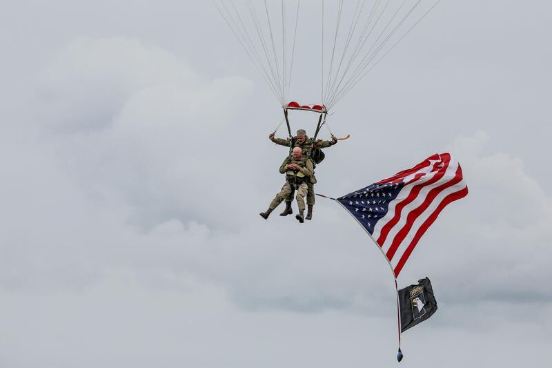 US WWII veteran Tom Rice takes part in a parachute drop over Carentan, Normandy, north-western France. AFP