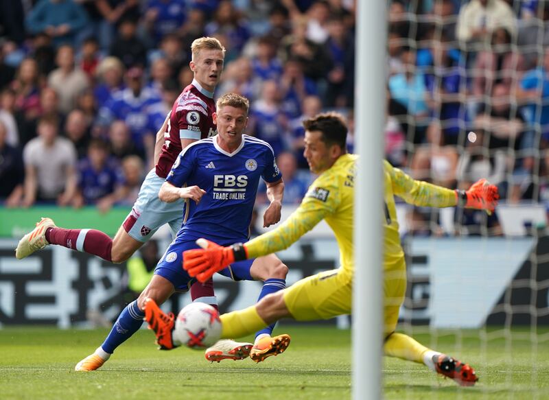 Leicester City's Harvey Barnes scores his side's first goal. PA