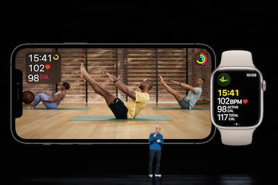 Mr Cook talks about the expansion of Apple Fitness+ on Tuesday. AFP

