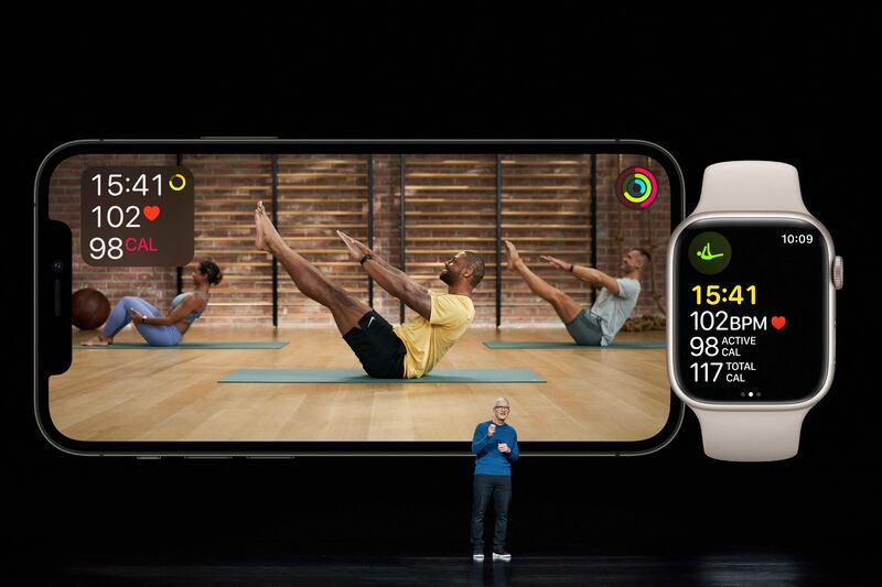 Apple chief executive Tim Cook showcasing the expansion of Apple Fitness+ during a special event at Apple Park in Cupertino, California