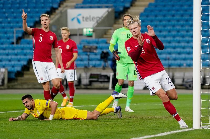 Norway's Erling Braut Haaland celebrates after scoring during the UEFA Nations League match against Romania at Ullevaal Stadium, Oslo. EPA