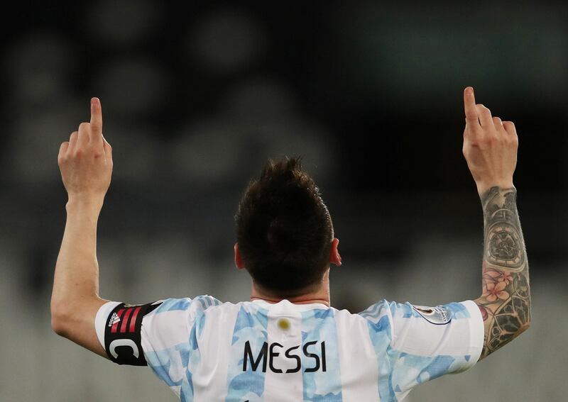 Argentina's Lionel Messi celebrates scoring their first goal. Reuters