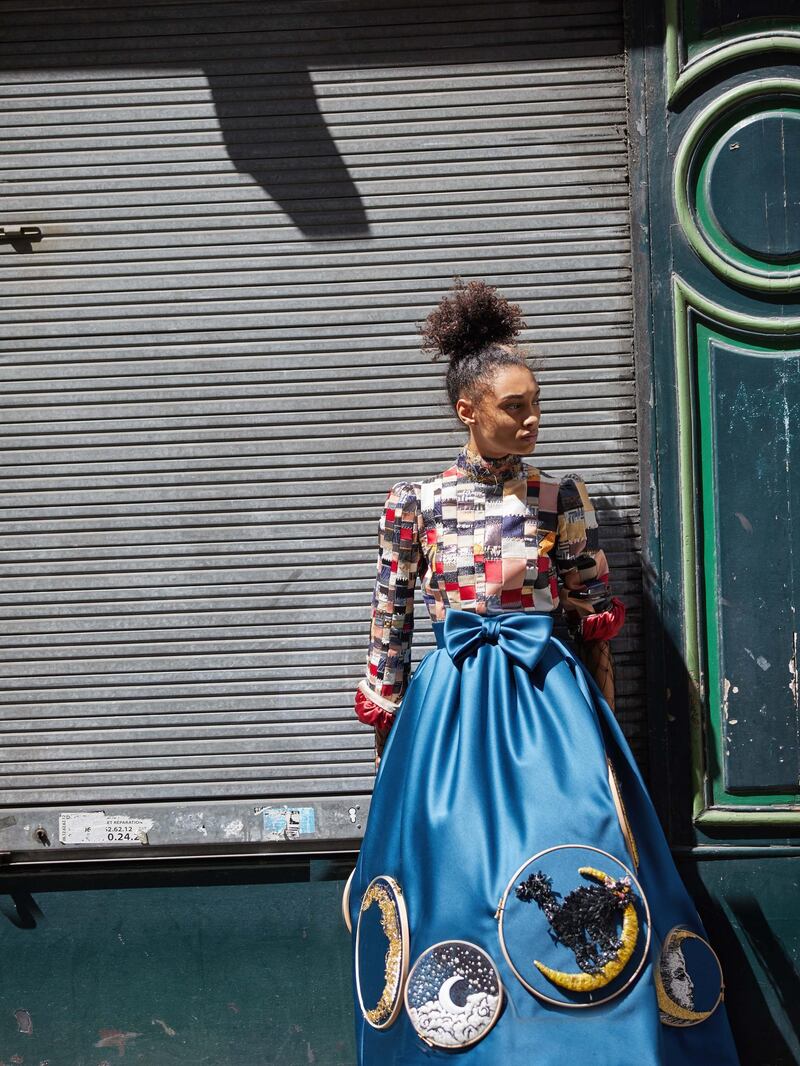 through the lens: Photography | Chantelle Dosser 
fashion director | Sarah Maisey

Long-sleeve top made from a patchwork of vintage materials; and petrol blue high-waisted skirt with embroidered moon artworks, both from Viktor & Rolf Haute Couture 
