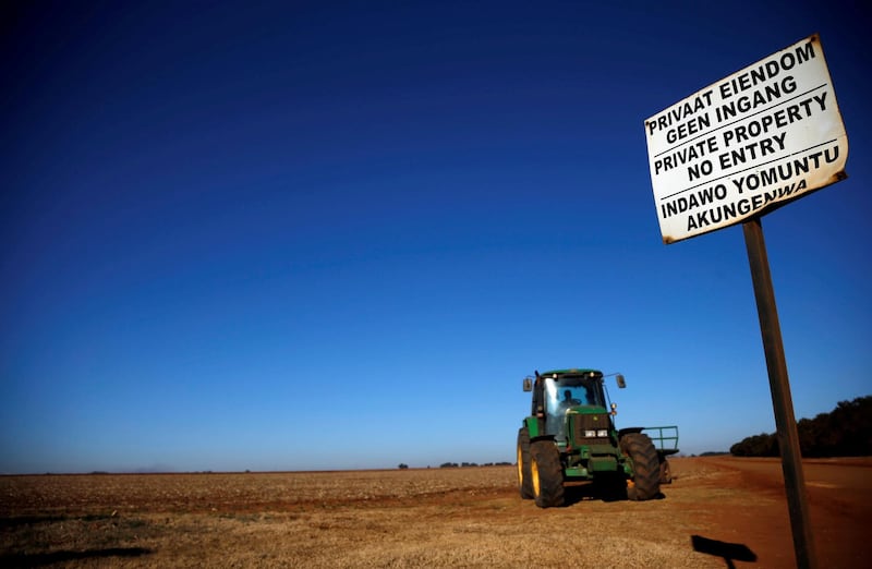 A 'No entry sign' is seen at an entrance of a farm outside Witbank, Mpumalanga province, South Africa July 13, 2018. REUTERS/Siphiwe Sibeko/File Photo
